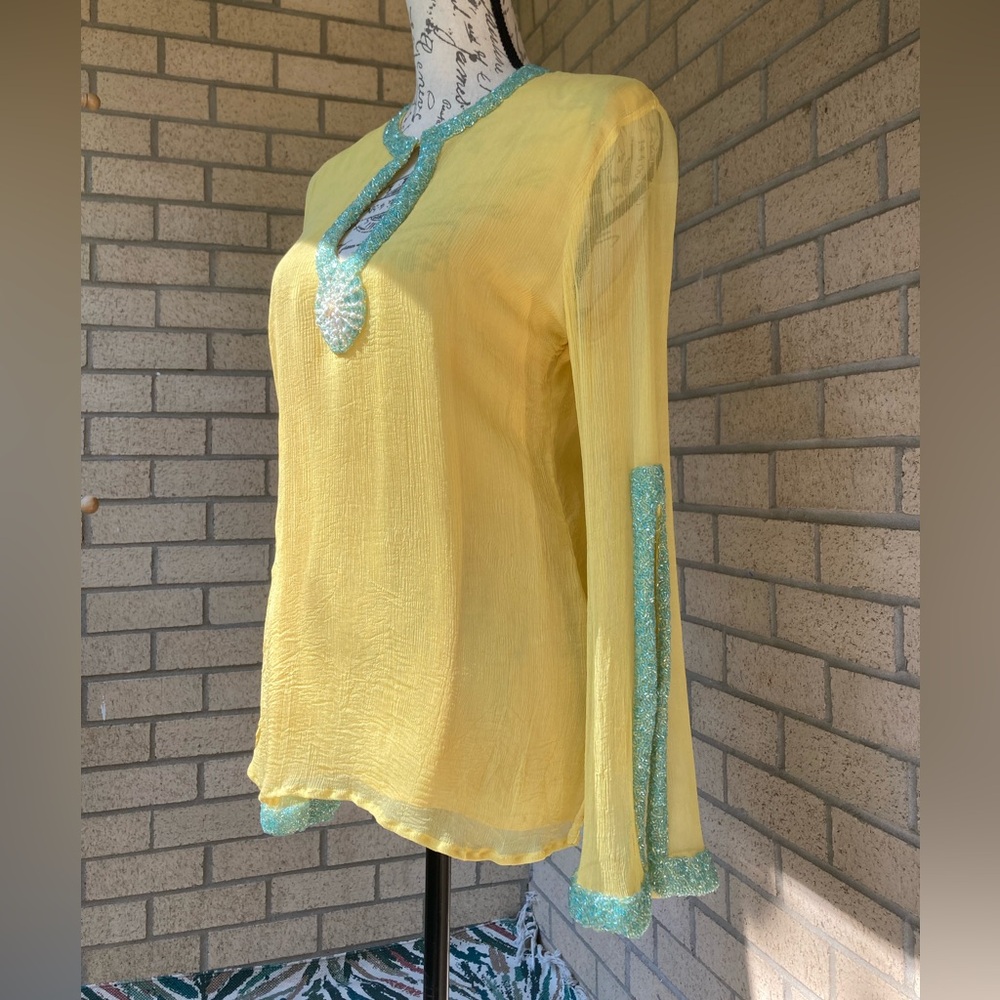 Jeannie Mcqueeny 100% Silk Yellow Blouse Blue Beaded Sunburst & Sleeve Detail - Picture 3 of 17